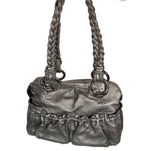 B. MAKOWSKI Pebbled Leather Hobo Bag A211928 Grey Pockets Braided Straps Classic